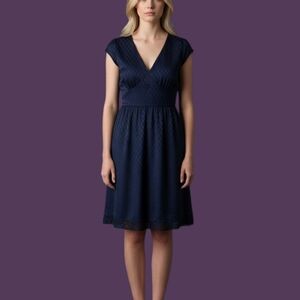 VTG MODCLOTH 1990s Navy Satin Chiffon Overlay Tie Back V-neck Dress